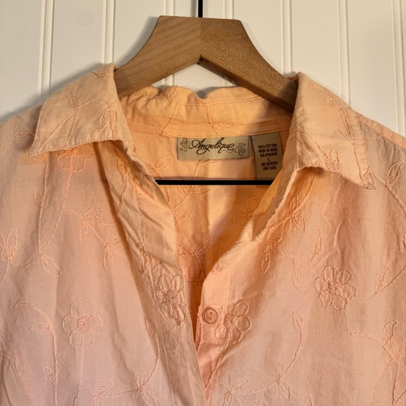 Angelique Pink Embroidered Floral Button Down Short Sleeve Shirt 100% Cotton L - Picture 2 of 10
